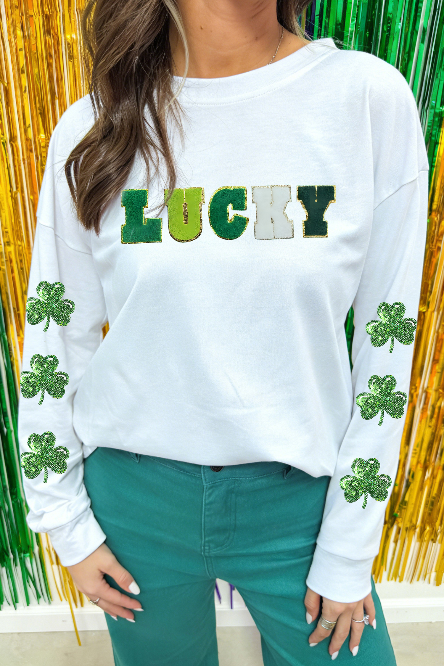 White LUCKY Clover Embroidered Long Sleeve Top - loveforevers