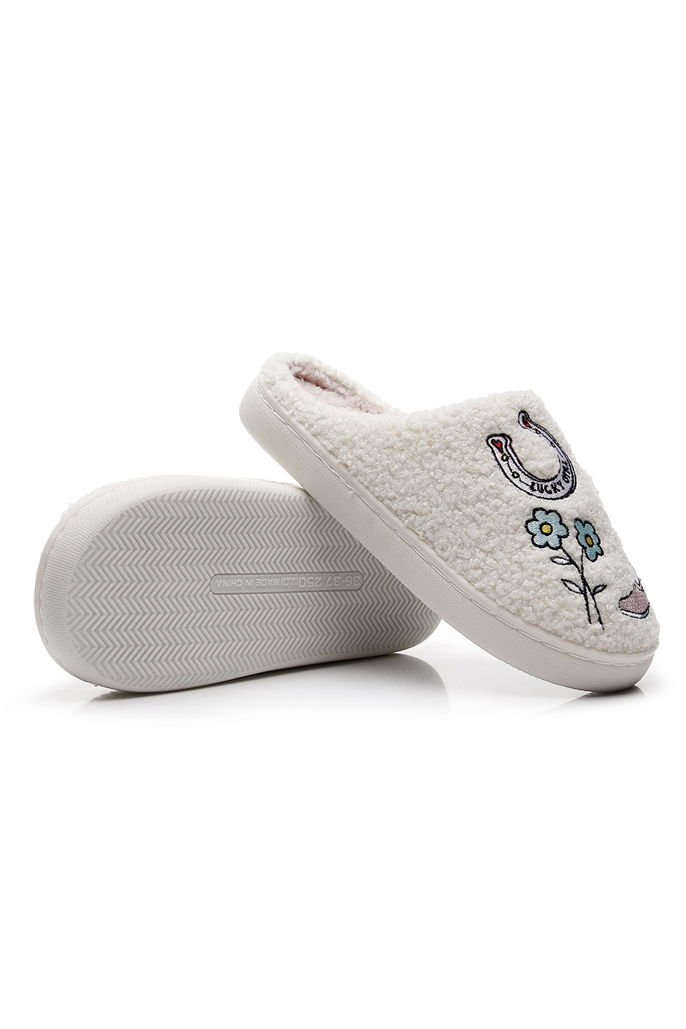 White Asymmetric Embroidered Pattern Cowgirl Plush House Slippers - loveforevers