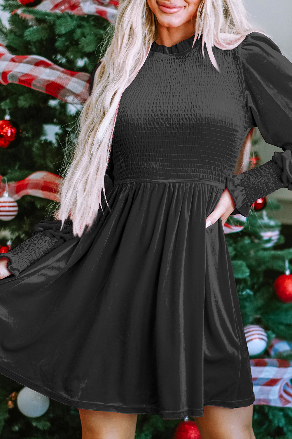 Black Frilled Neck Smocked Bodice Velvet Dress - loveforevers