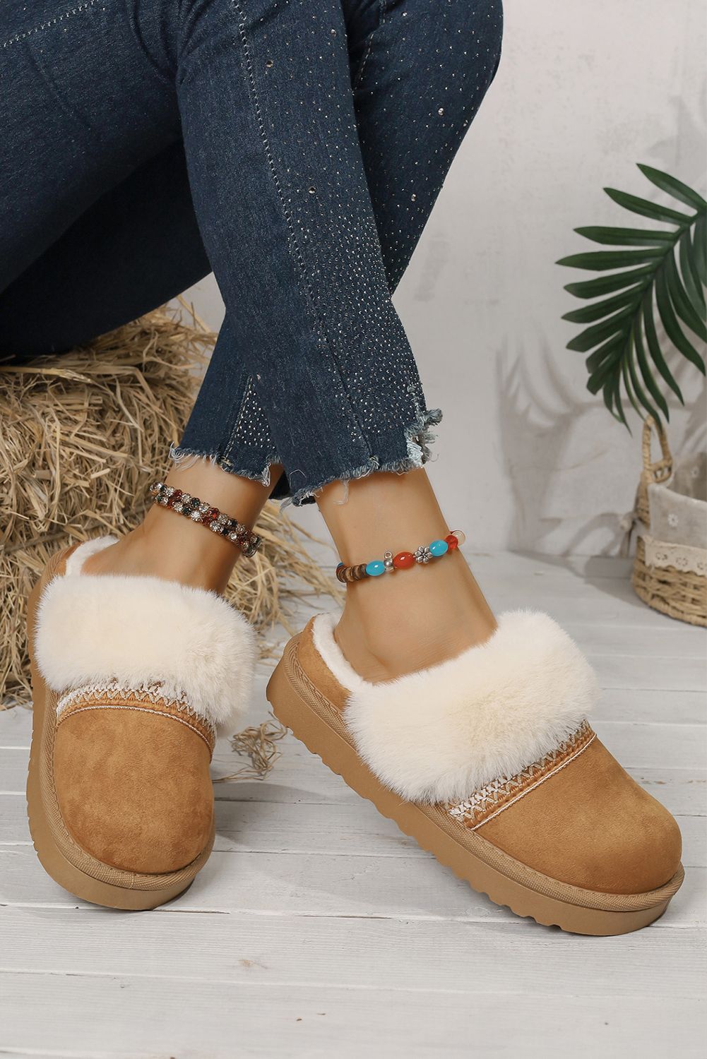 White Faux Suede Plush Trim Ethnic Mule Slippers - loveforevers
