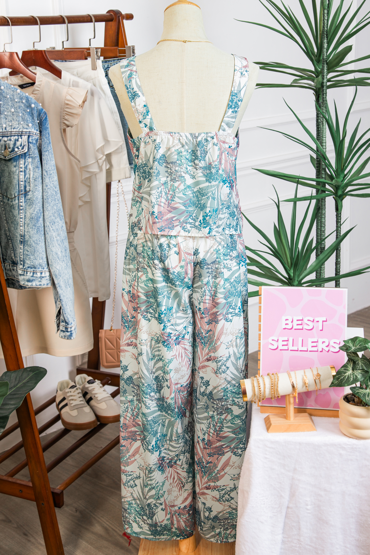 Green Tropical Palm Printed Cropped Tank Drawstring Wide Leg Pant Set - loveforevers