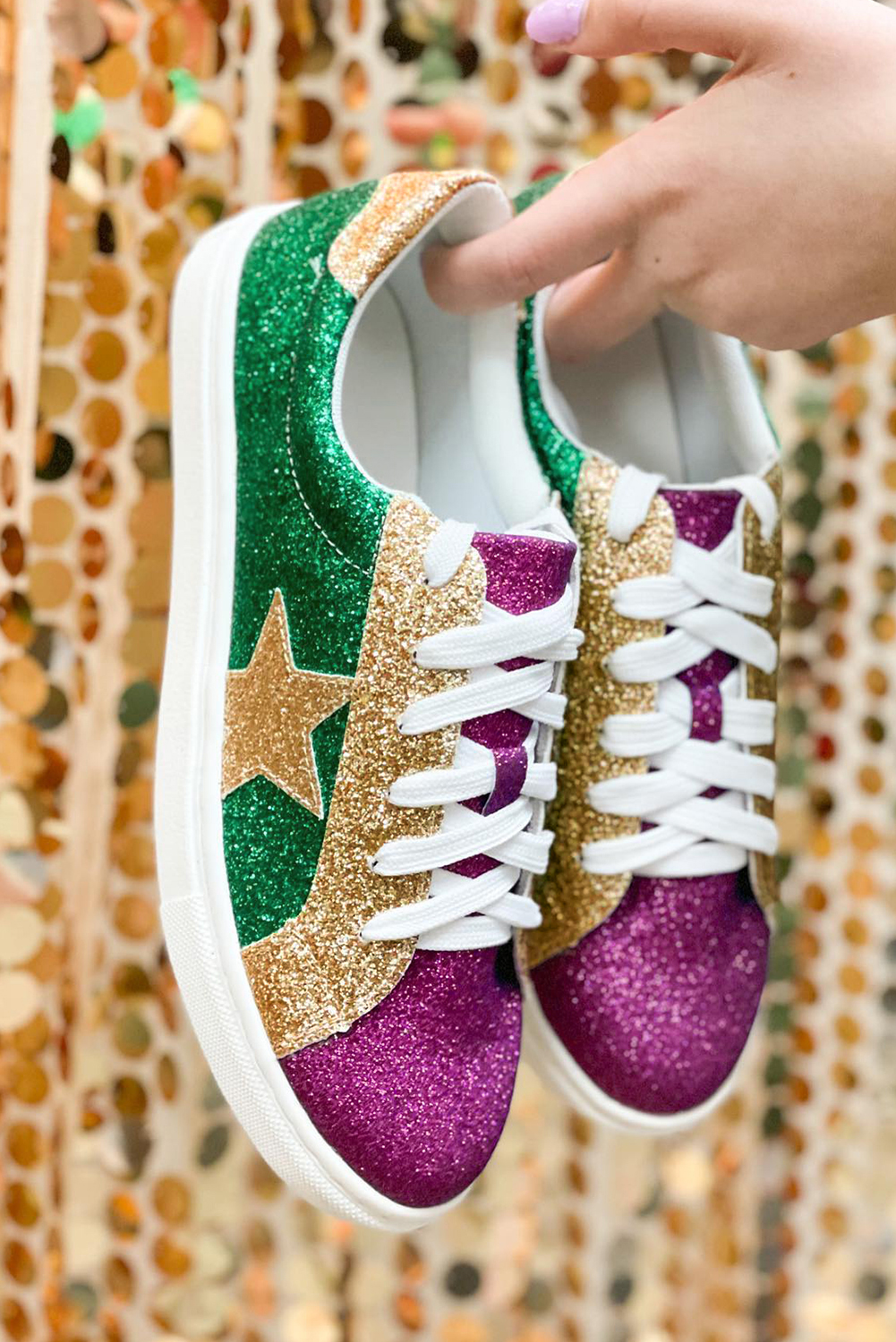 Blackish Green Mardi Gras Triple Color Sequin Lace up Flat Shoes - loveforevers