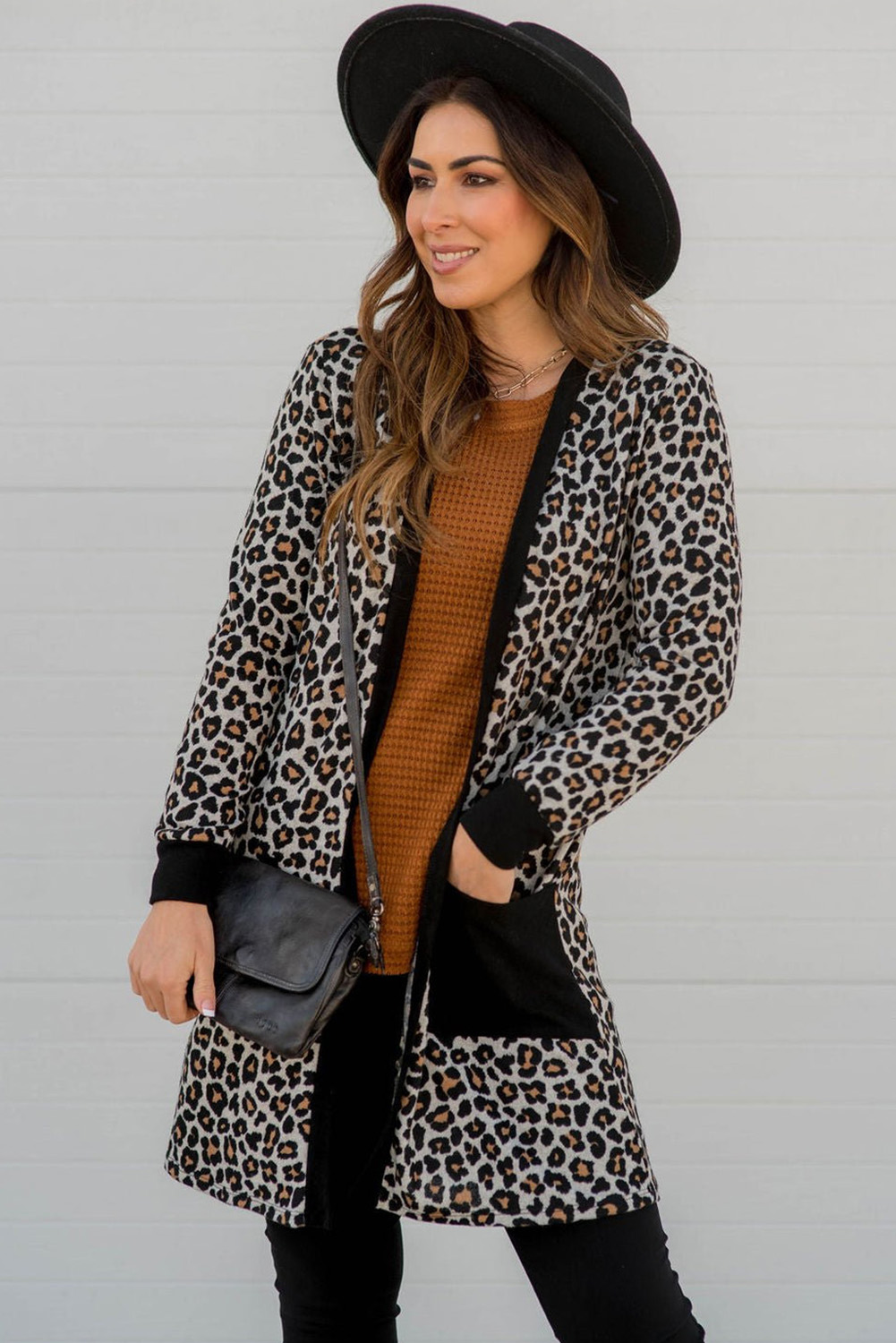 Black Leopard Patched Pocket Open Front Cardigan - loveforevers