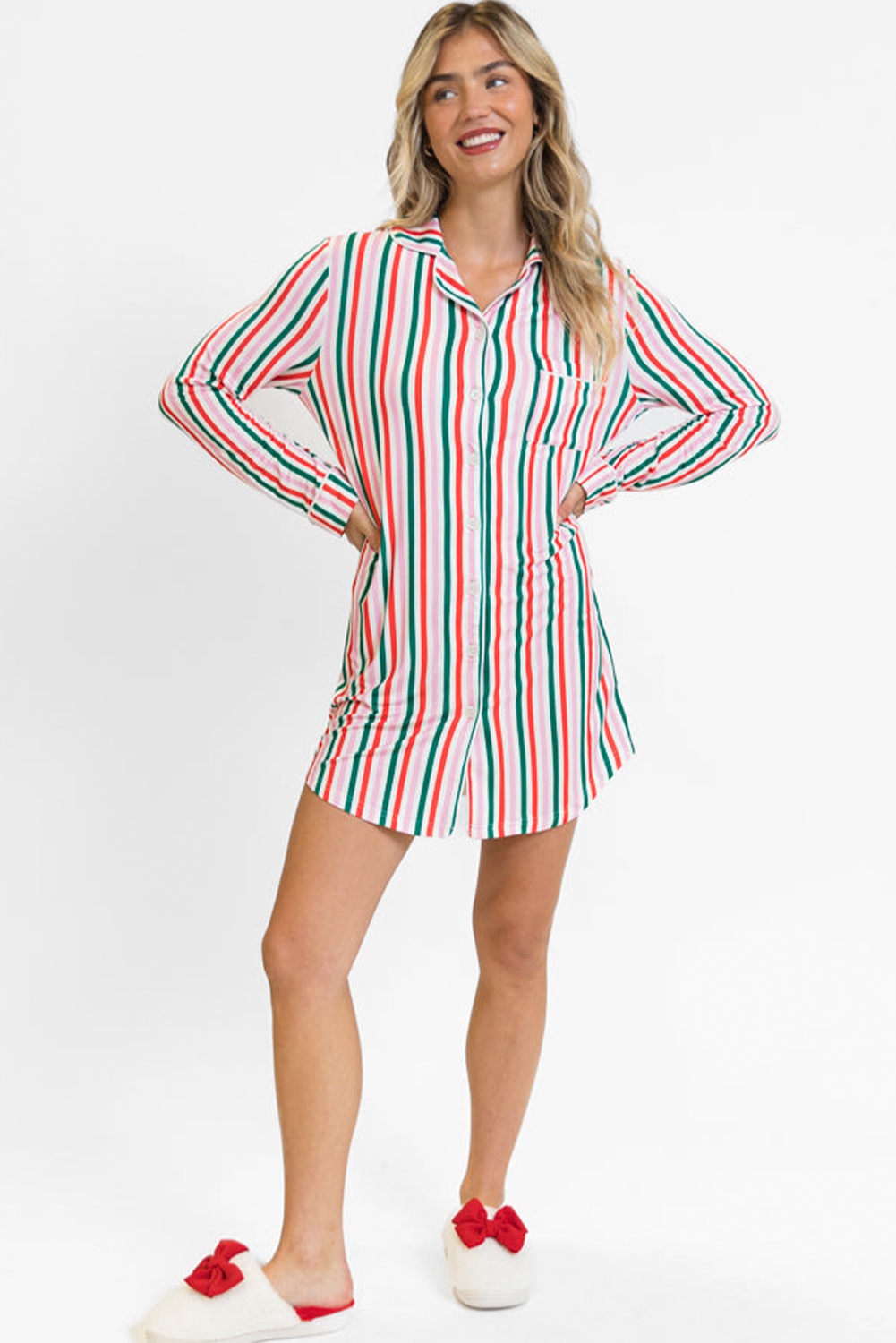 Pink Stripe Christmas Long Sleeve Shirt Style Lounge Dress - loveforevers