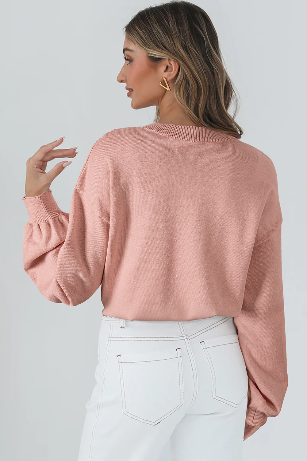 Peach Blossom Big Flower Accent Bubble Sleeve Drop Shoulder Sweater - loveforevers