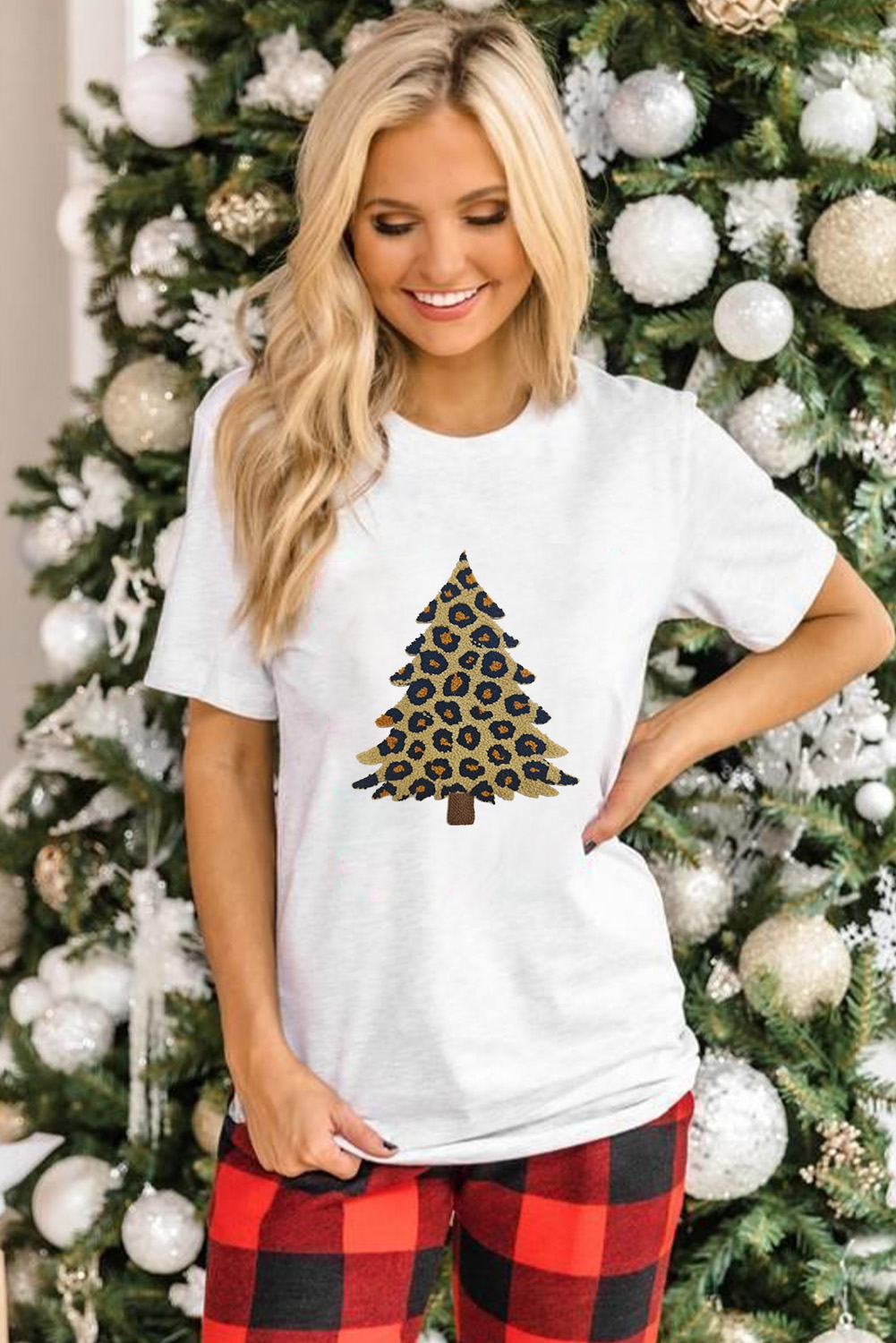 White Leopard Plush Christmas Tree Patched Graphic Tee - loveforevers