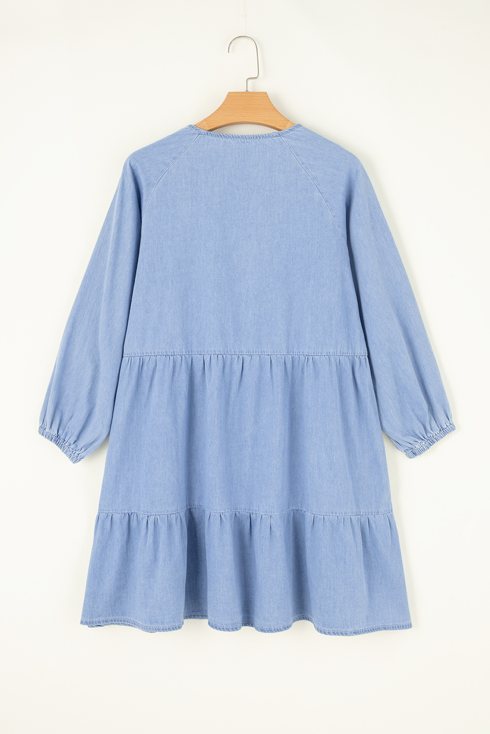 Beau Blue Puff Sleeve V Neck Tiered Ruffled Chambray Mini Dress - loveforevers