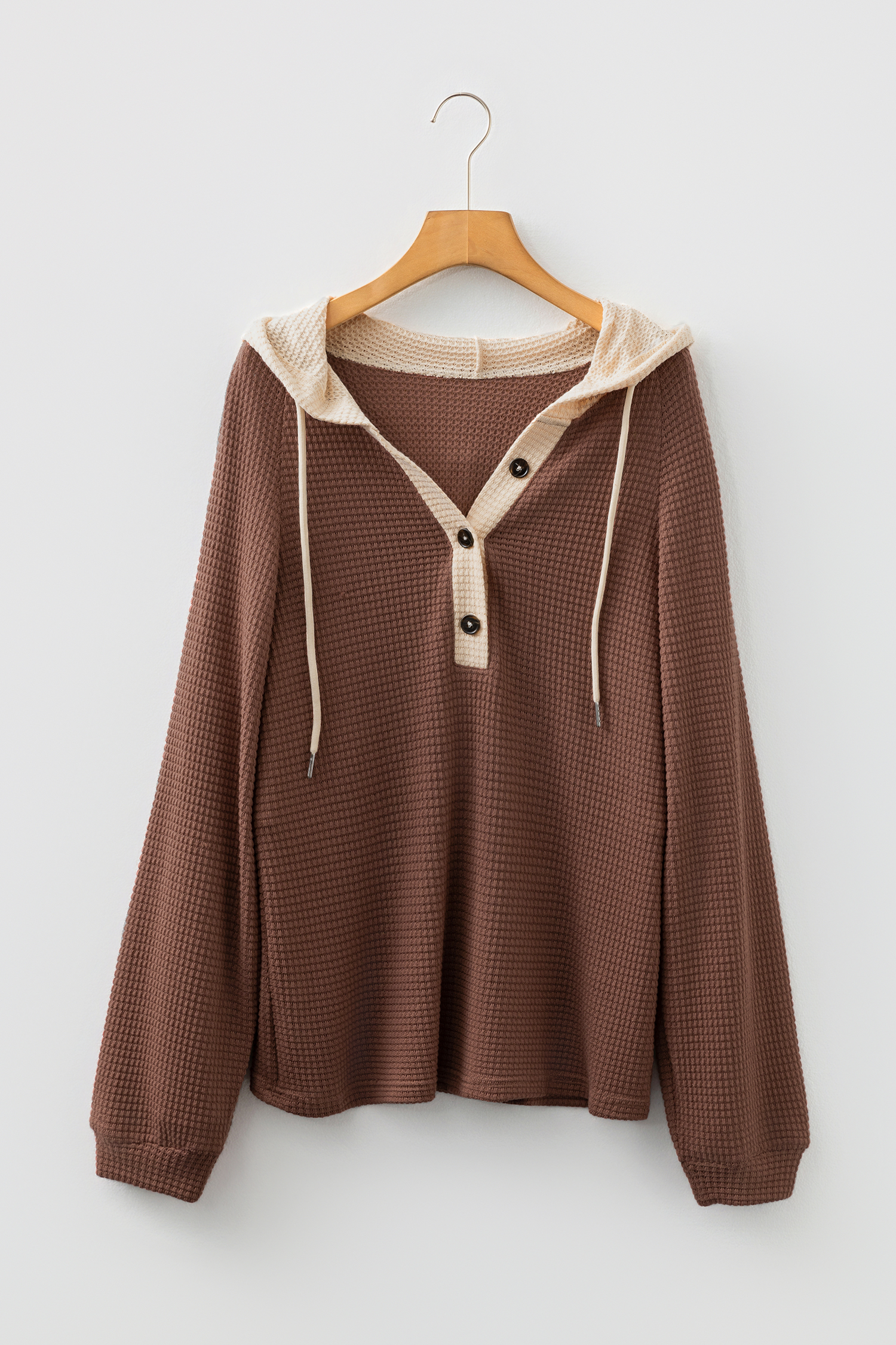 Coffee Waffle Contrast Half Buttoned Hooded Pullover Top - loveforevers