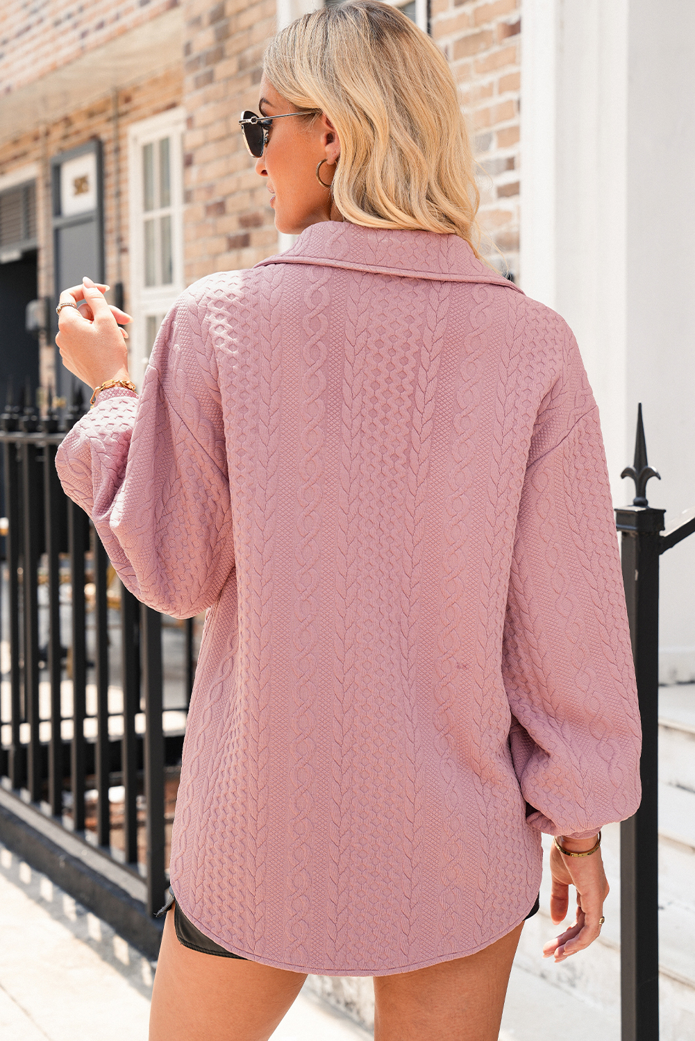 Sepia Rose Cable Texture Puff Sleeve Loose Shacket - loveforevers