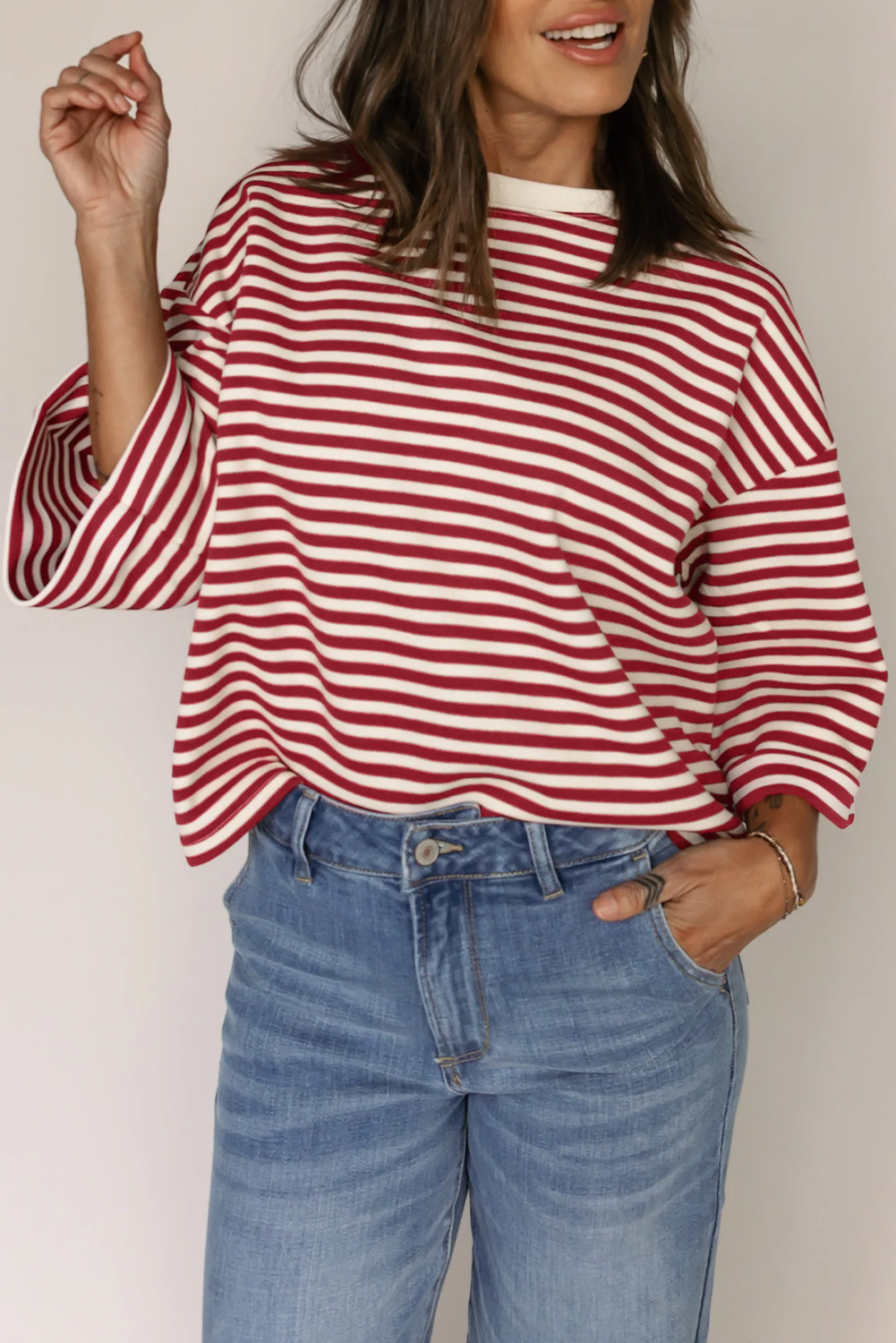 Red Stripe Bowknot Cutout Back Drop Shoulder Wide Bracelet Sleeve Loose Tee - loveforevers