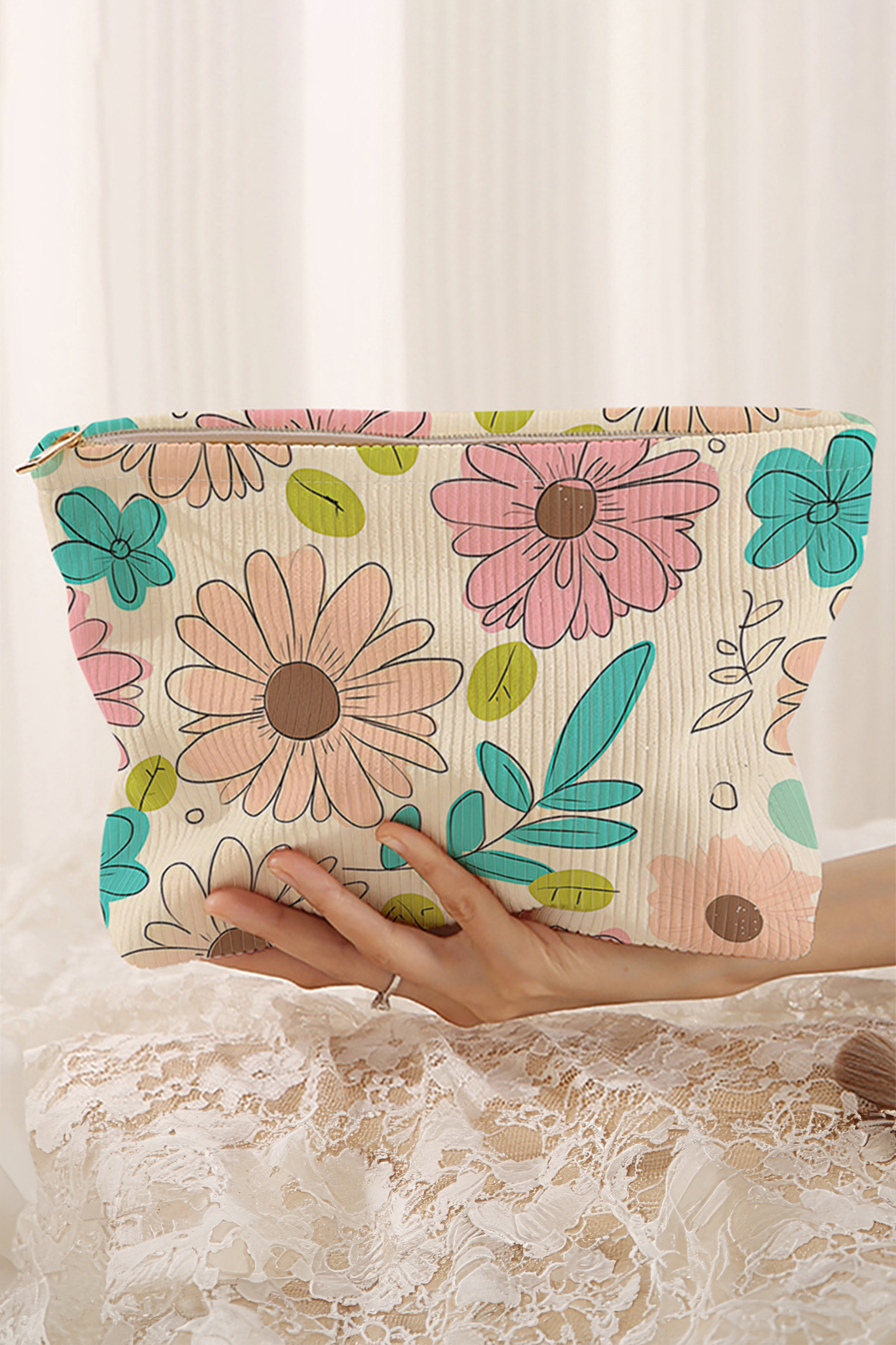 White Floral Print Corduroy Makeup Bag - loveforevers