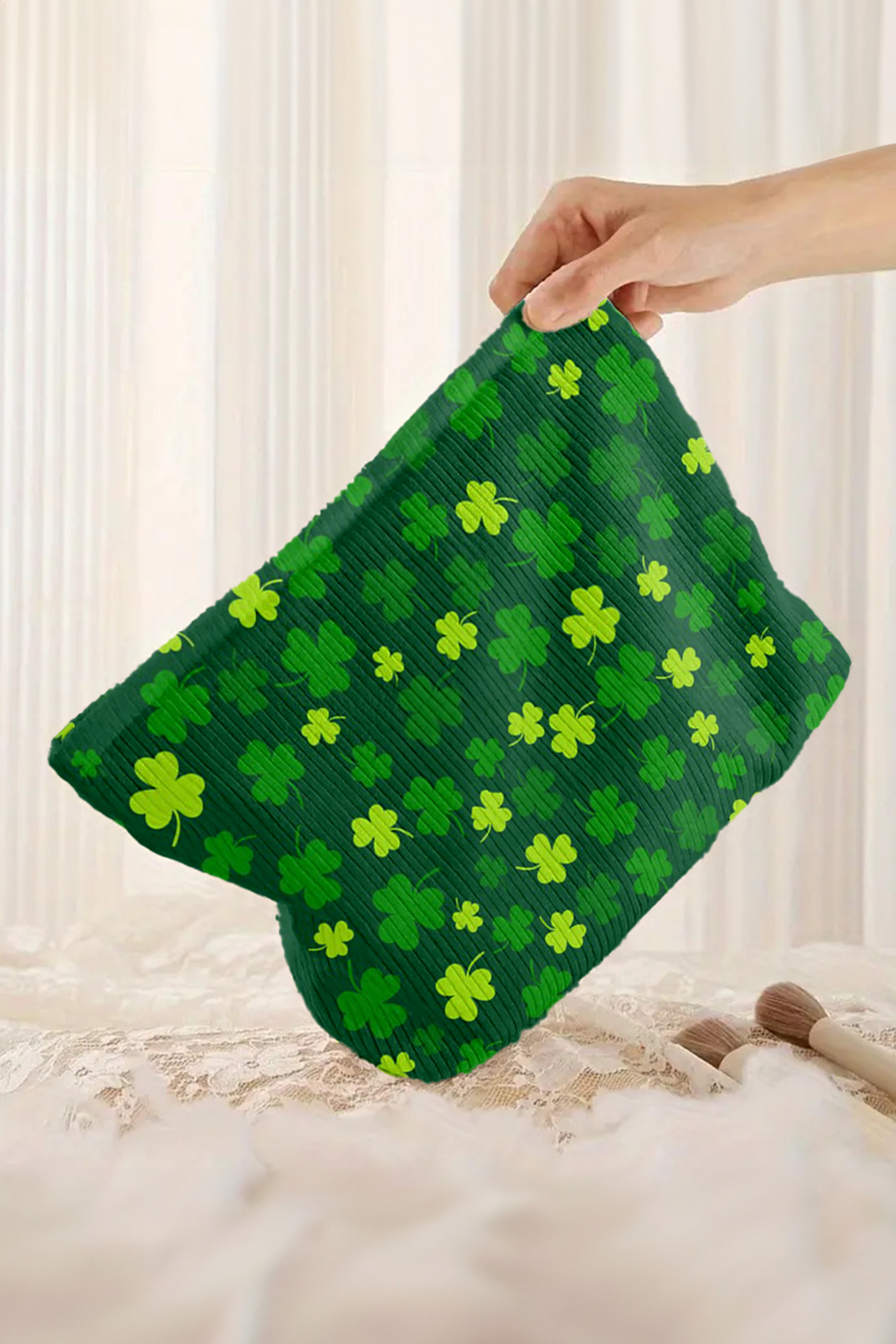 Blackish Green St Patricks Lucky Clover Printed Soft Ribbed Makeup Bag - loveforevers