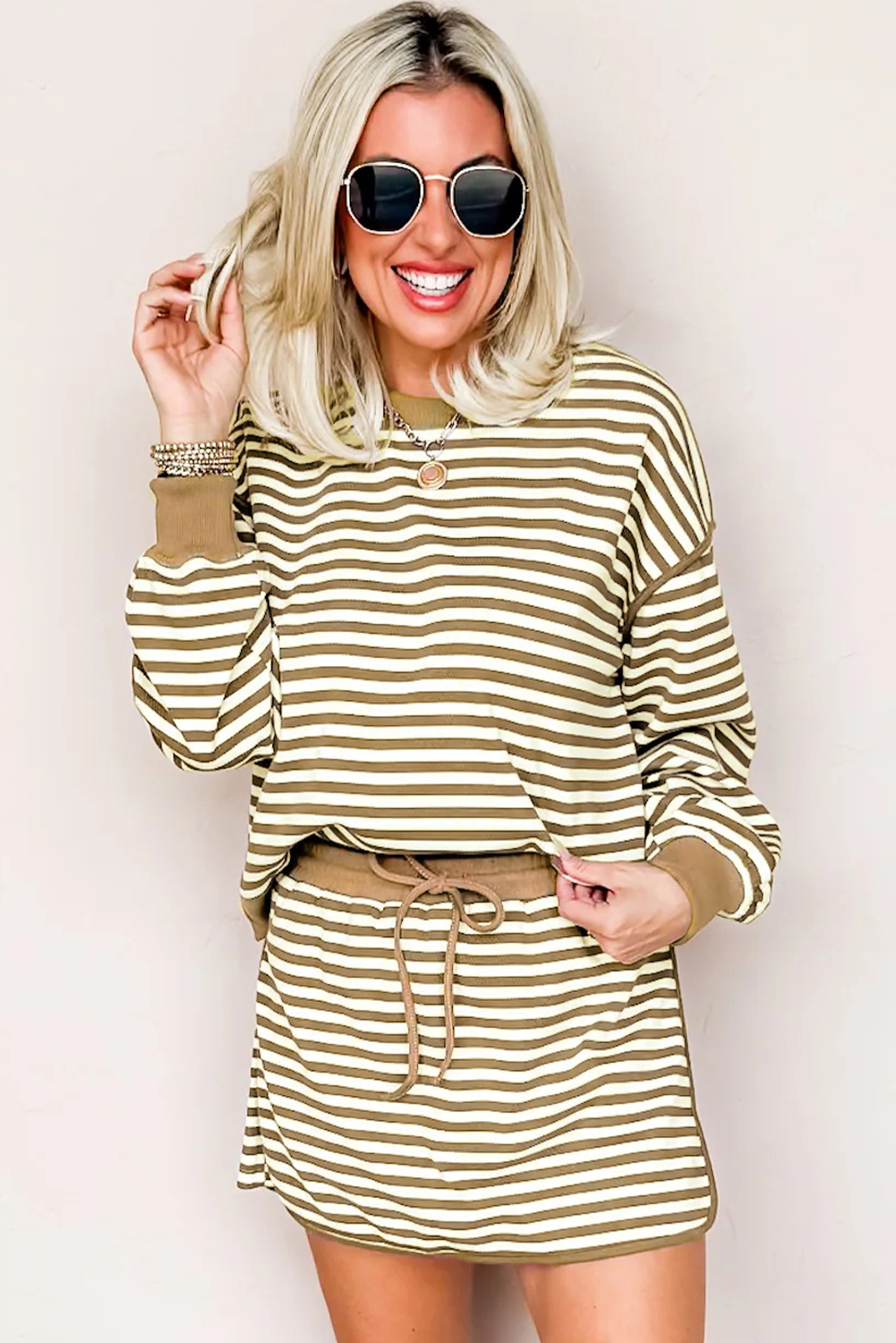 Black Stripe Textured Drop Shoulder Pullover Top Drawstring Mini Skort Two Piece Dress Set - loveforevers