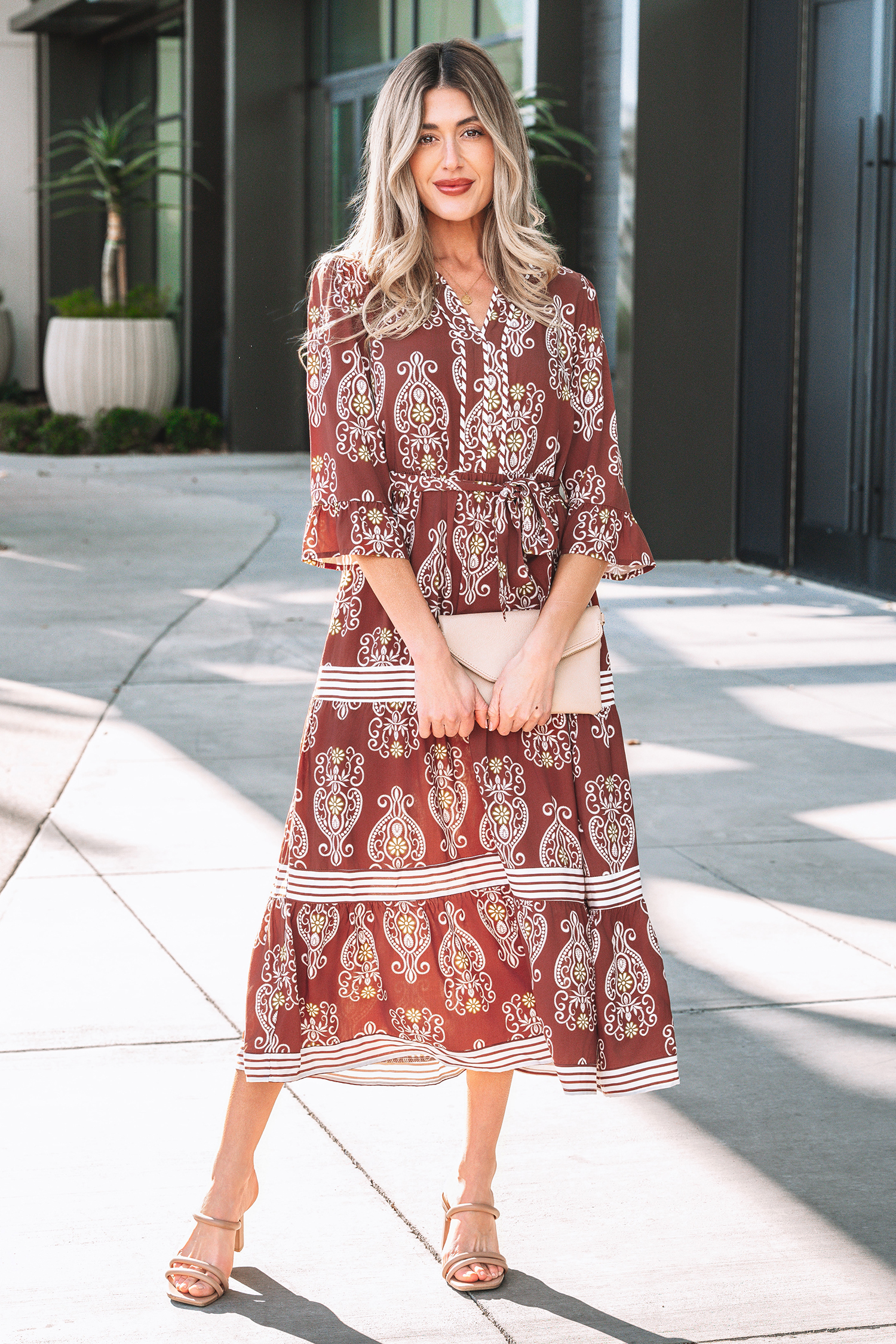 Brown Floral Print Belted Striped Trim Tiered Maxi Dress - loveforevers