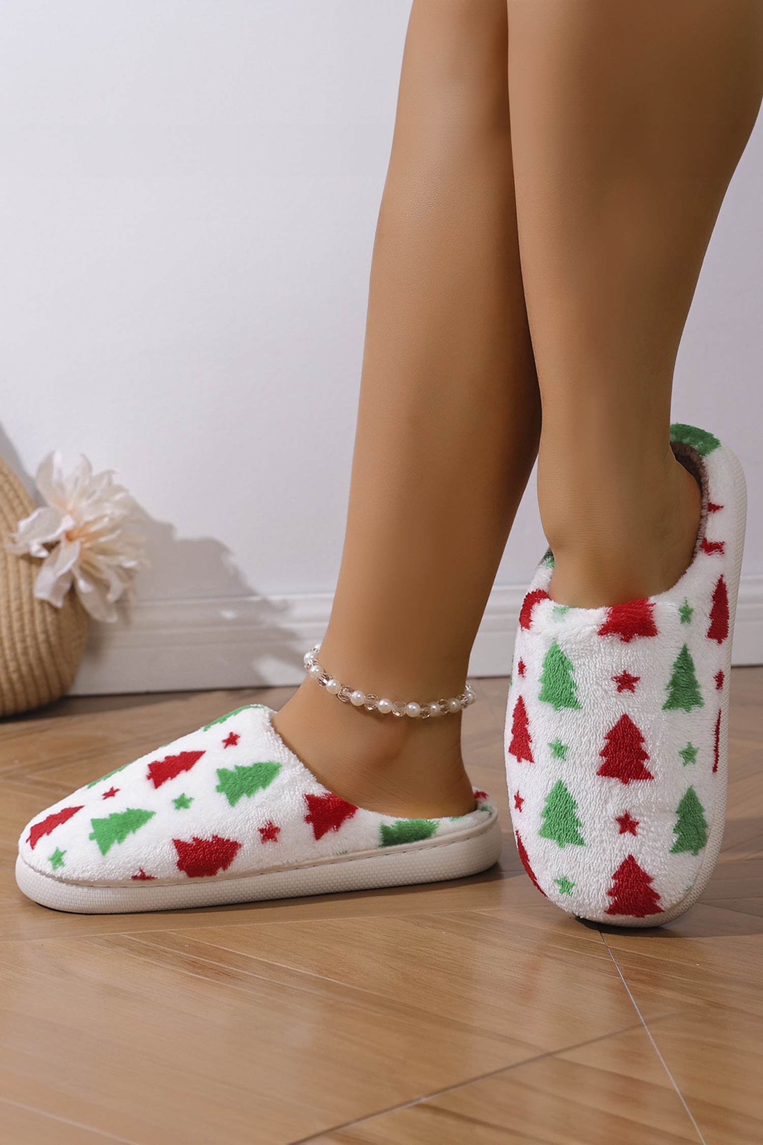 White Christmas Tree Star Printed Plush House Slippers - loveforevers