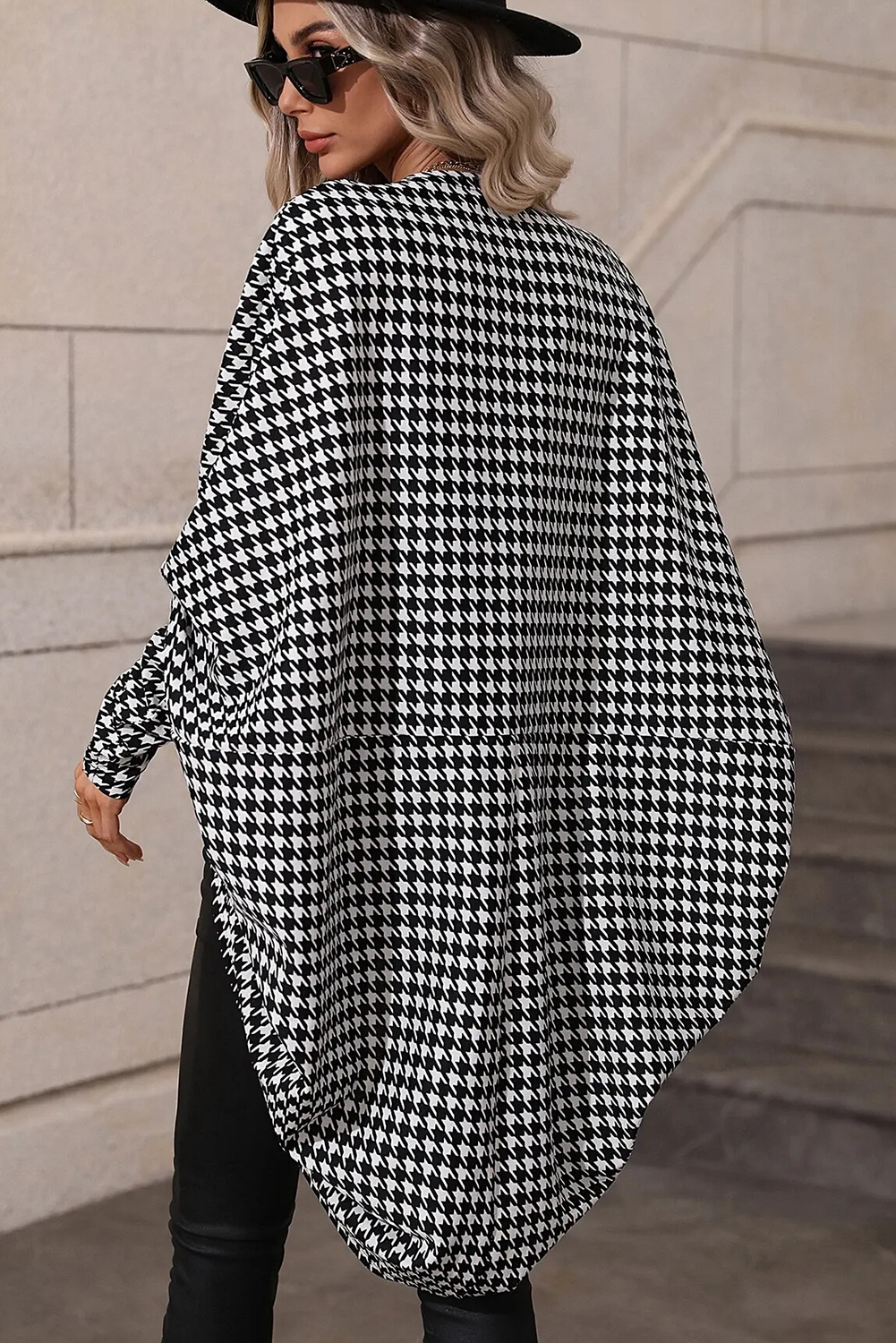Black Houndstooth Print Open Front Long Dolman Kimonos - loveforevers