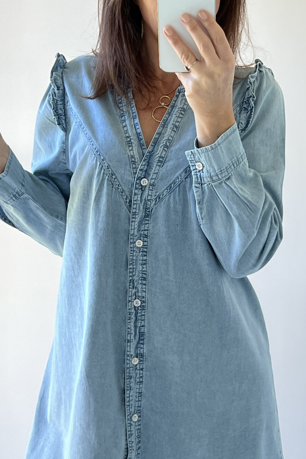 Myosotis Ruffled V Neck Buttoned Shift Denim Dress - loveforevers