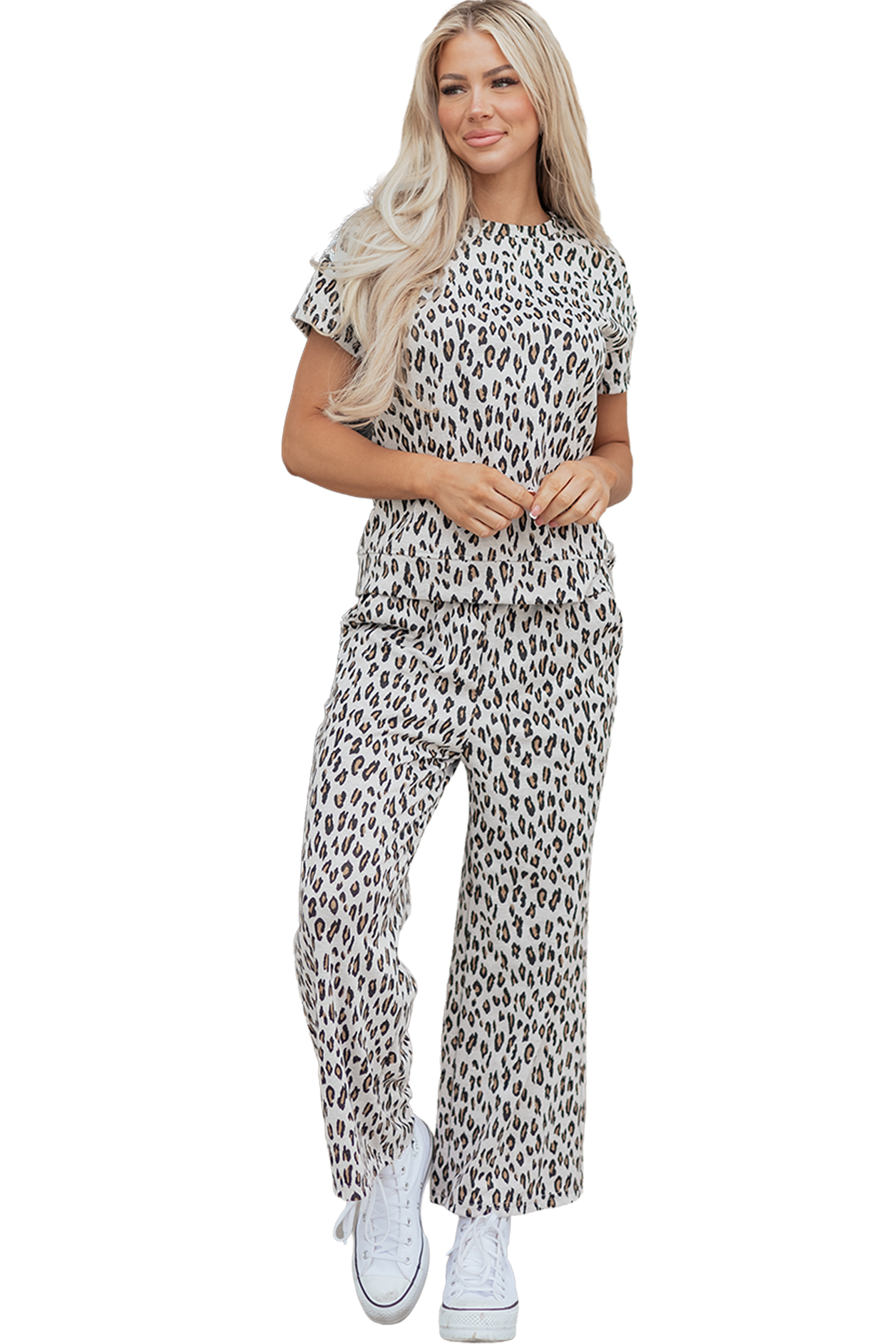 Beige Leopard Print Casual Tee and Pants 2pcs Outfit - loveforevers