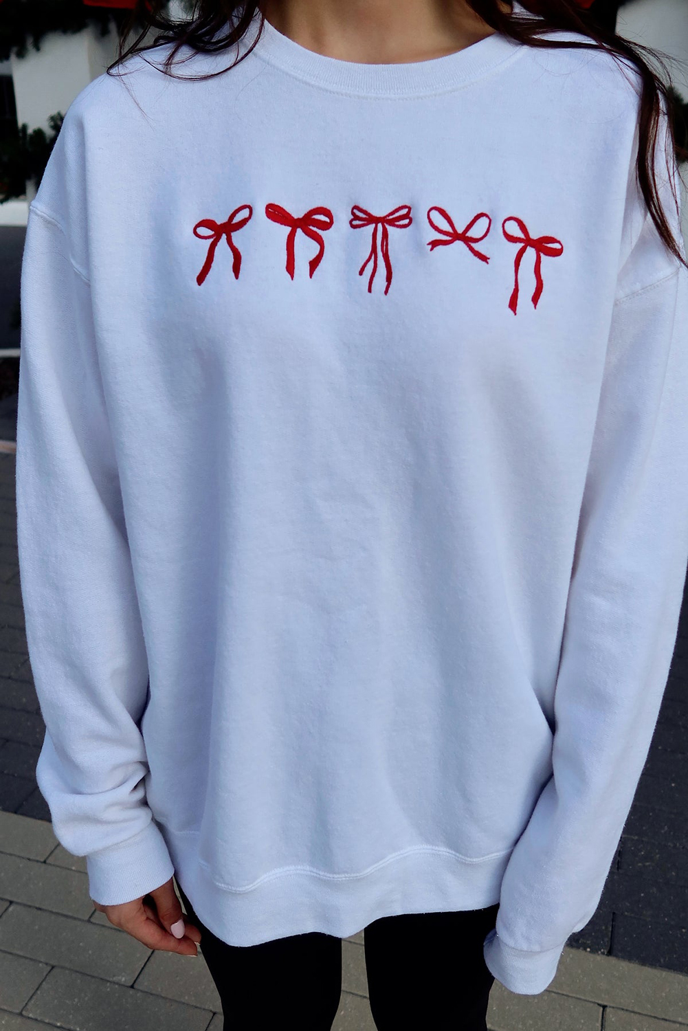 White Diverse Bow Embroidery Drop Shoulder Sweatshirt - loveforevers