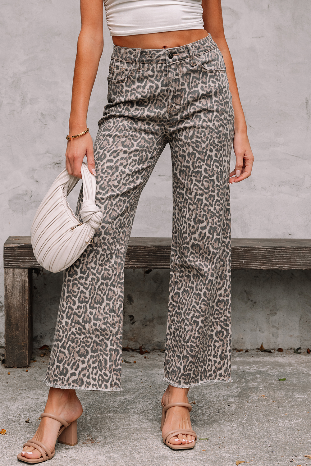 Rose Leopard Frayed Edge Wide Leg High Waist Jeans - loveforevers