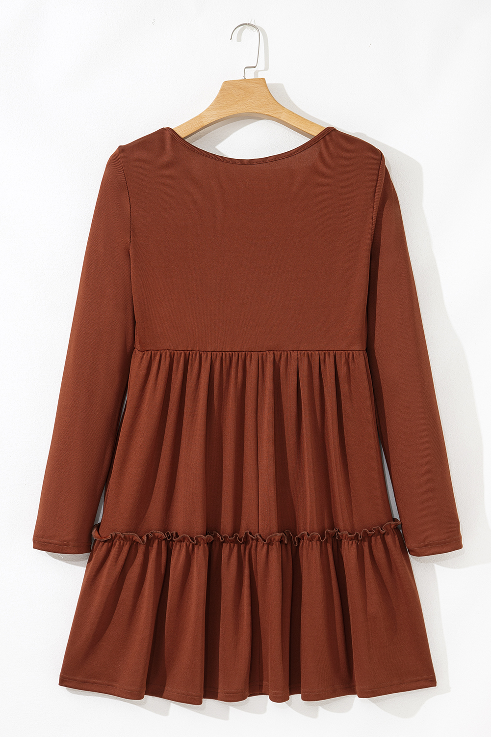 Straw Yellow Ribbed Frilled Trim High Waist Long Sleeve Mini Dress - loveforevers