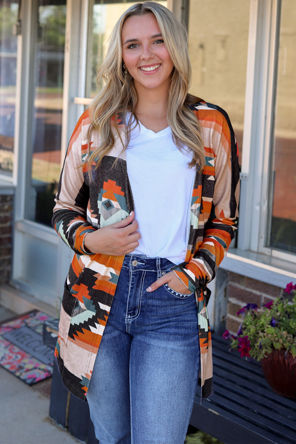 Orange Western Tribal Aztec Print Cardigan - loveforevers