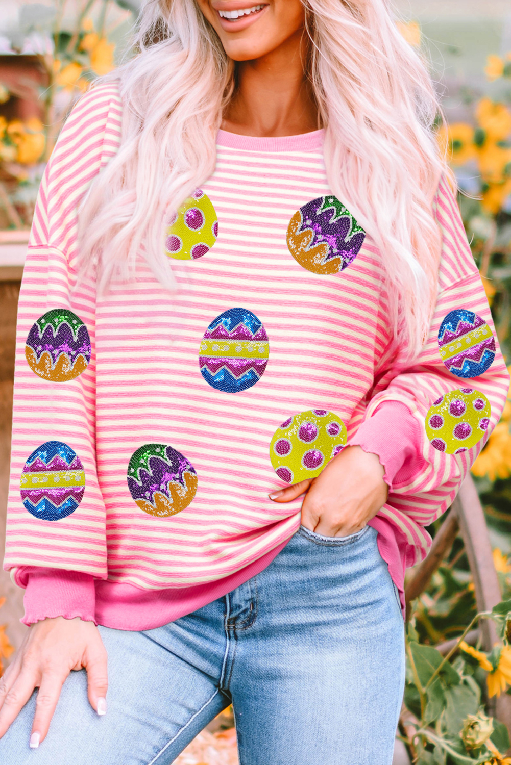 Pink Stripe Easter Egg Patched Graphic Drop Shoulder Long Sleeve Top - loveforevers
