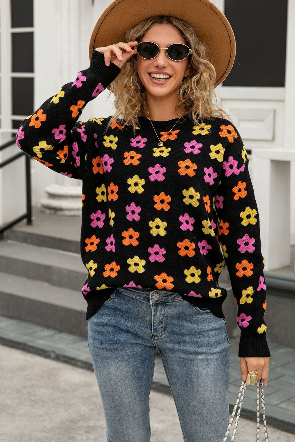 Apricot Cute Flower Allover Ribbed Trimmed Drop Shoulder Pullover Sweater - loveforevers