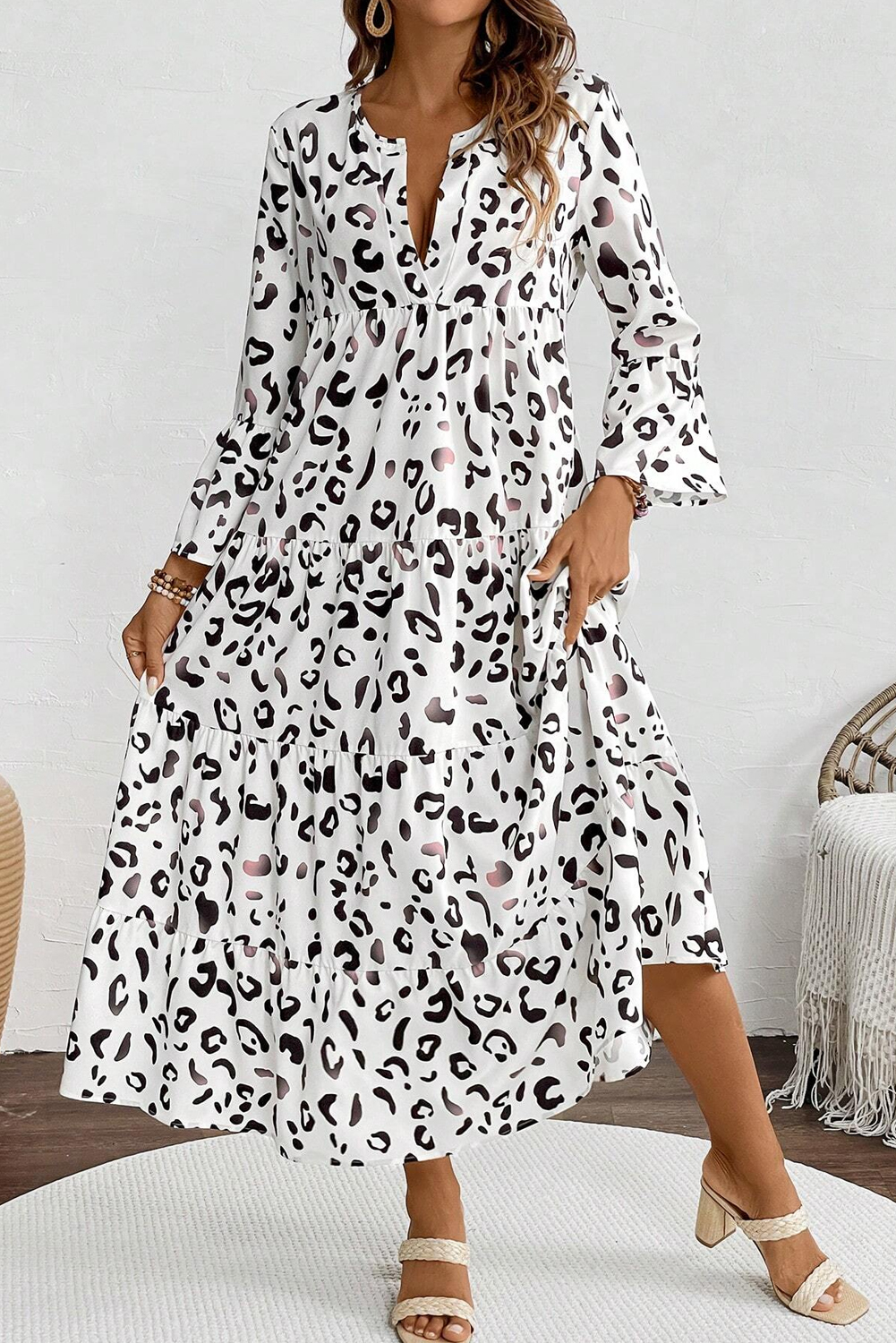 White Leopard Print Notch V Neck Loose Fit Maxi Dress - loveforevers