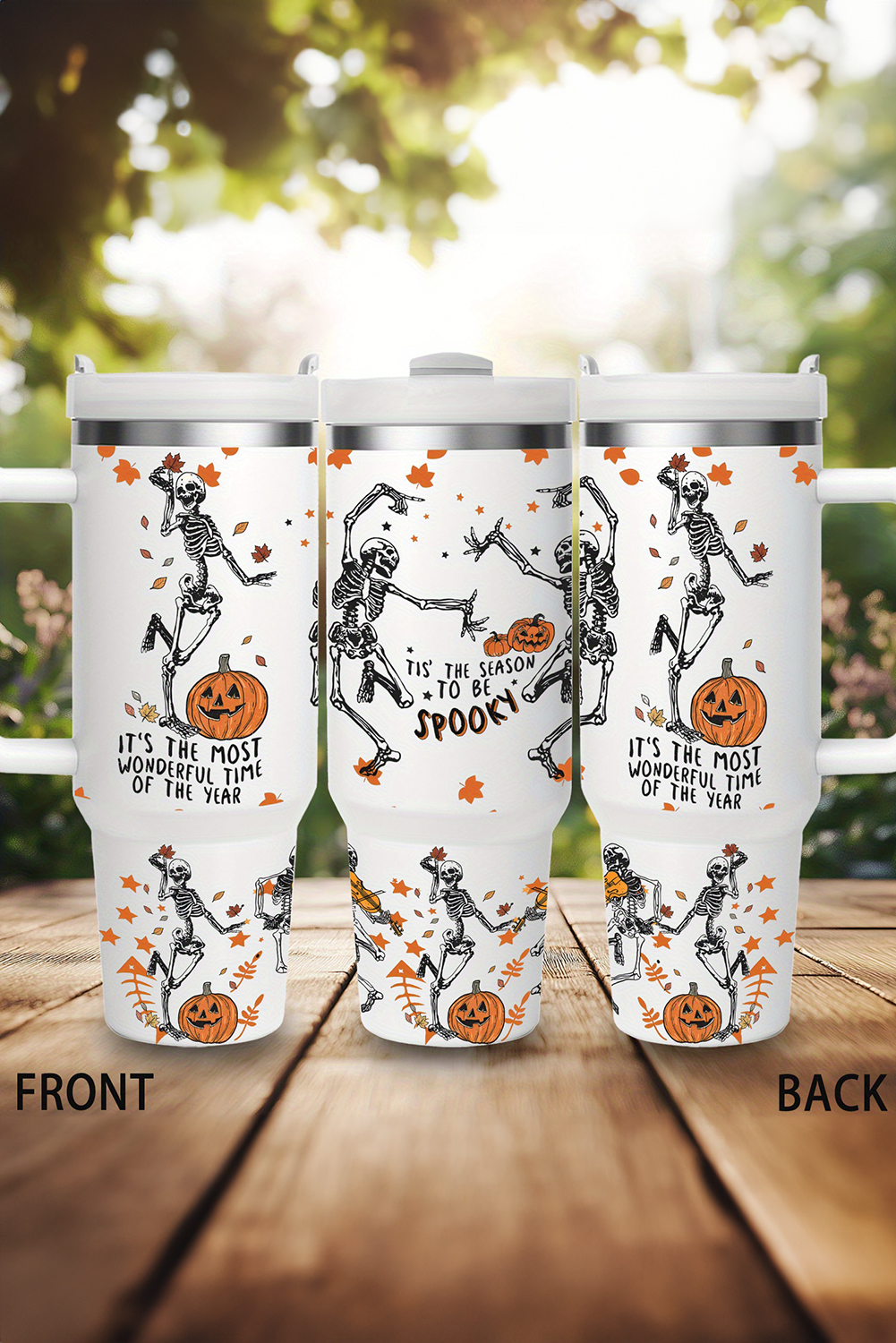 White 1200ml Halloween Dancing Skeleton Pumpkin Face Printed Thermos Cup - loveforevers