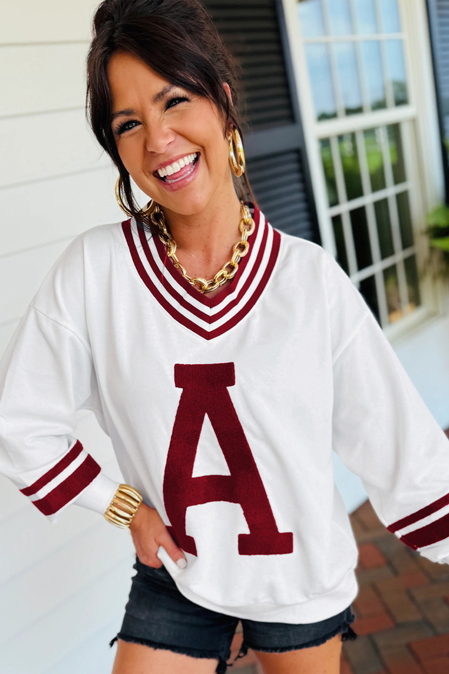 Red Dahlia Chenille Letter A Graphic Varsity Striped V Neck Puff Sleeve Sweatshirt - loveforevers