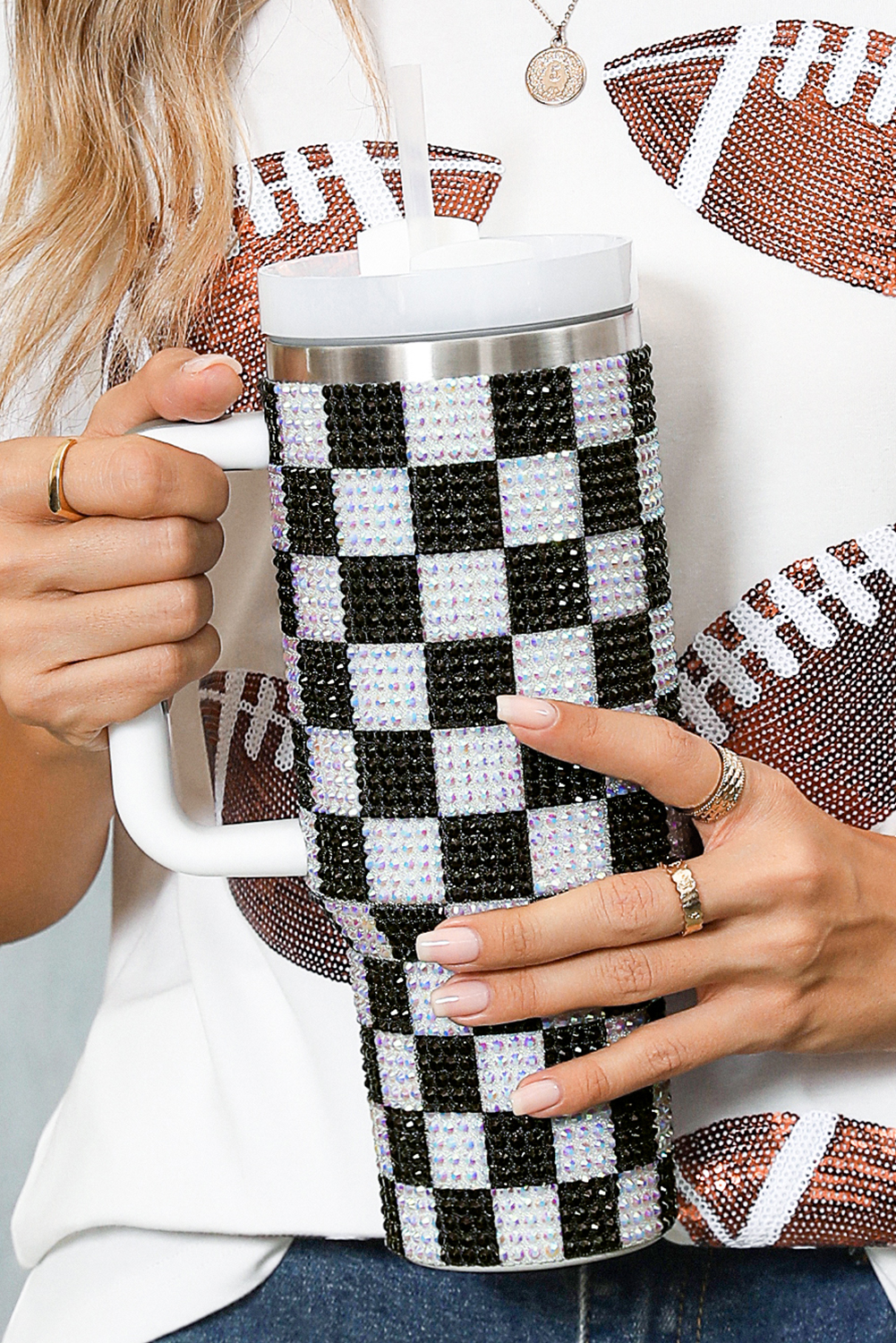 Black Full Rhinestone Checkerboard Handled Tumbler 40oz - loveforevers