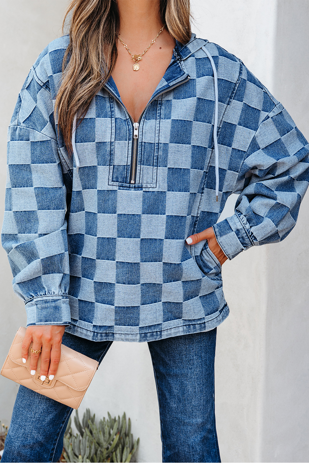 Dark Grey Checkered Denim Wide Leg Jeans - loveforevers