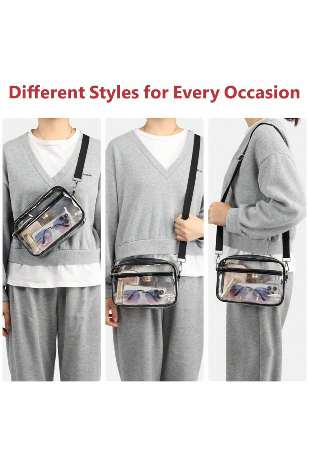 Gray Multi-Pocket Contrast Edge Detachable Strap Clear Shoulder Bag - loveforevers