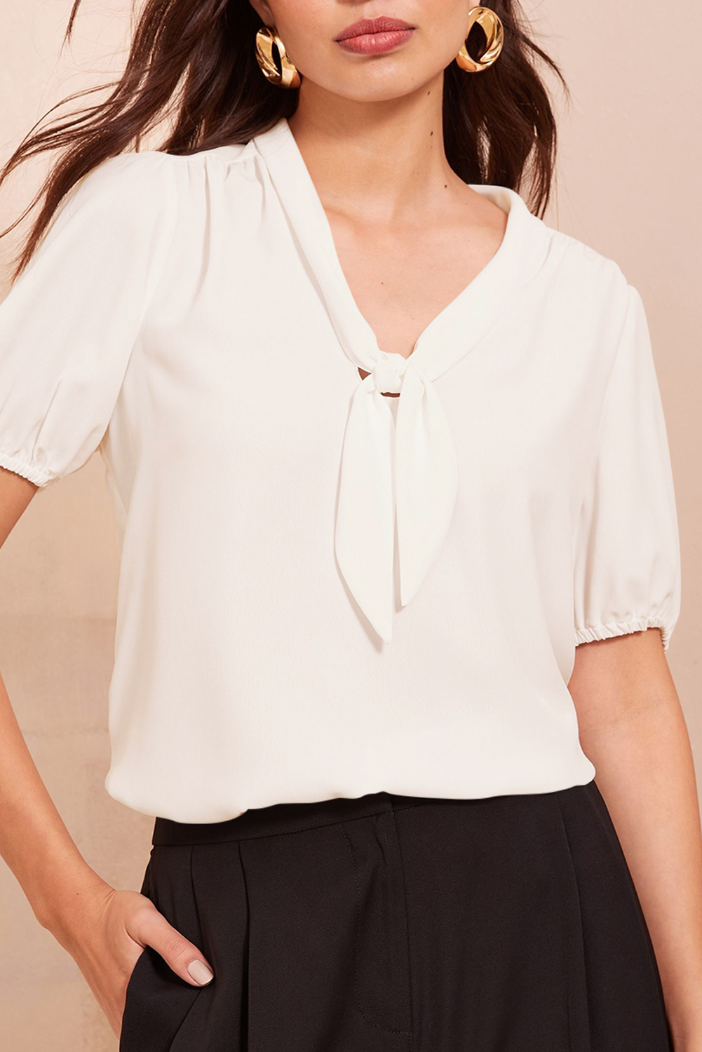 White Bow Tie V Neck Puff Sleeve Blouse - loveforevers