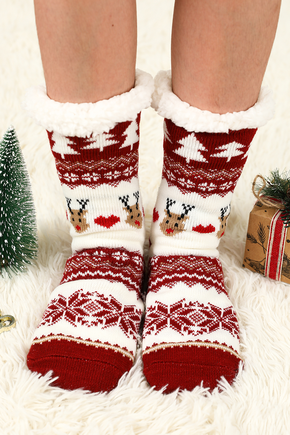 Fiery Red Christmas Cartoon Pattern Woolen Knit Socks - loveforevers