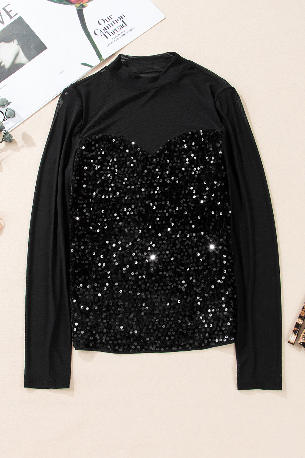 Black Sequin Velvet Sheer Mesh Mock Neck Blouse - loveforevers