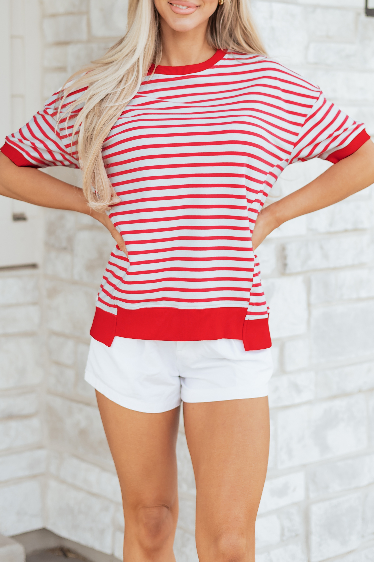 Red Stripe Drop Shoulder Half Sleeve T Shirt - loveforevers