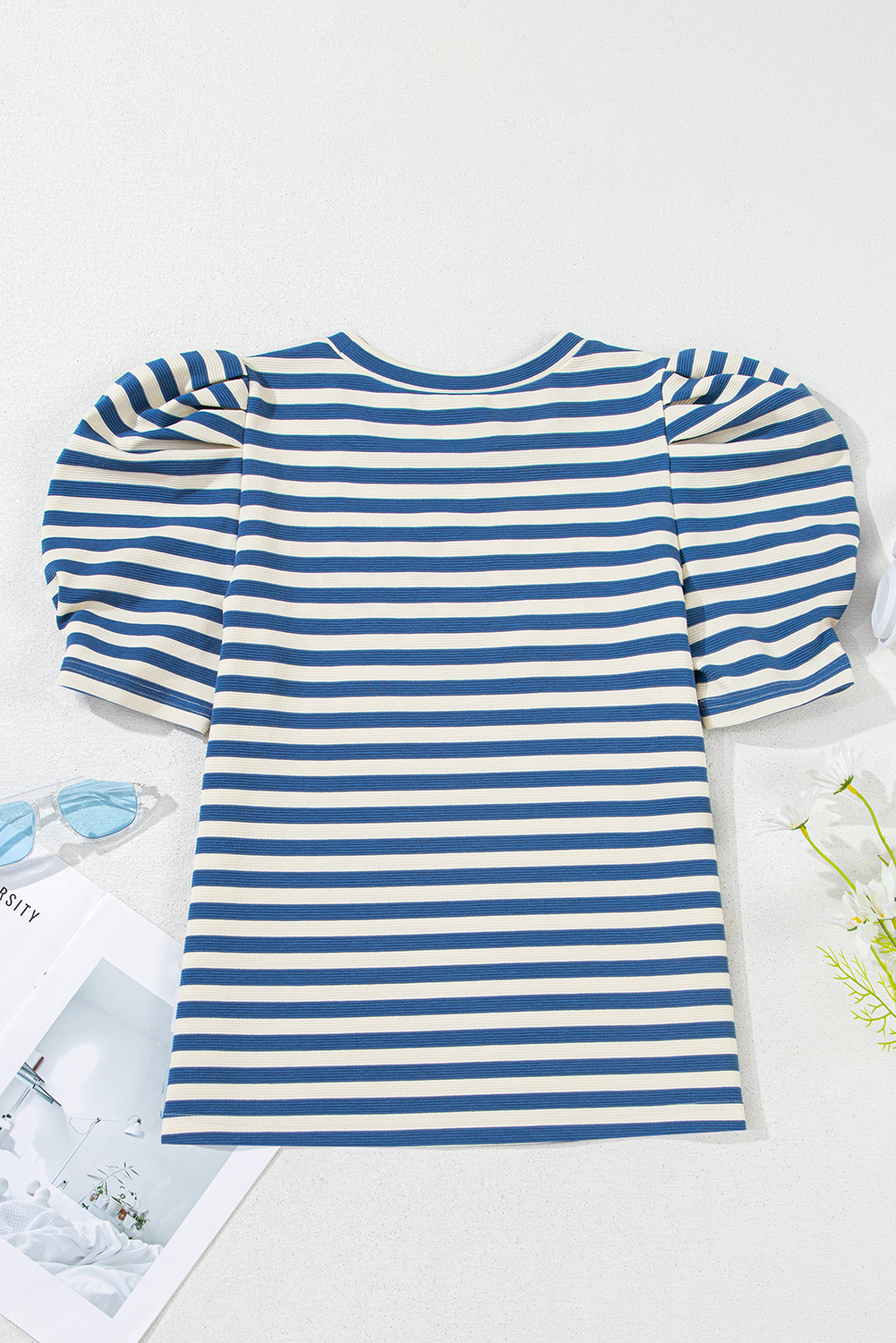 Blue Stripe America Cursive Graphic Puff Sleeve T-shirt - loveforevers