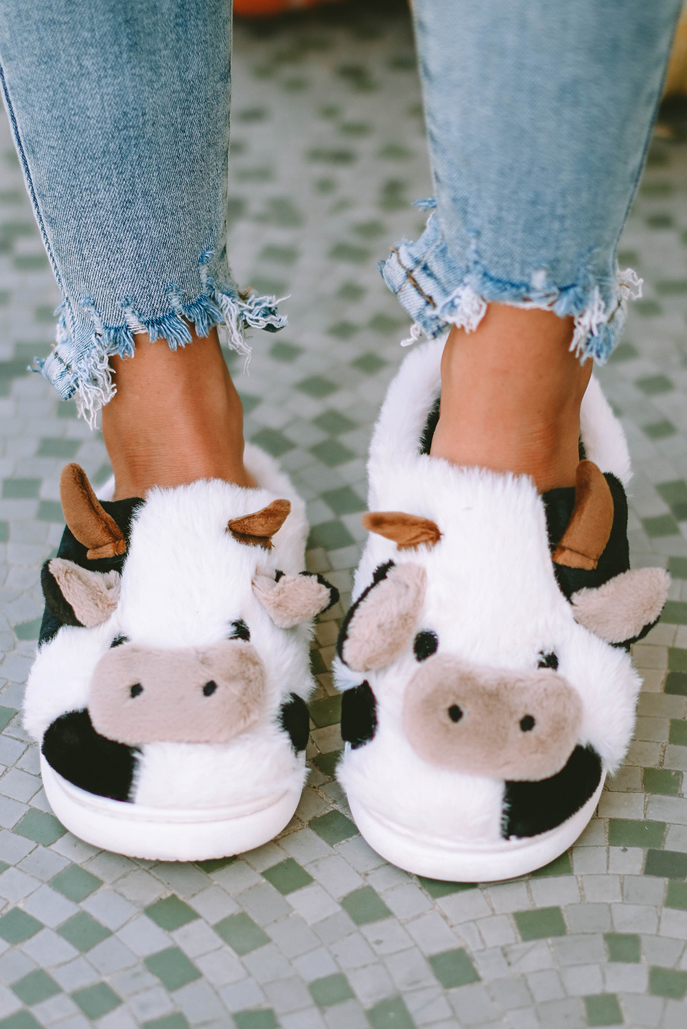 White Cartoon Animal Cow Plush Slippers - loveforevers