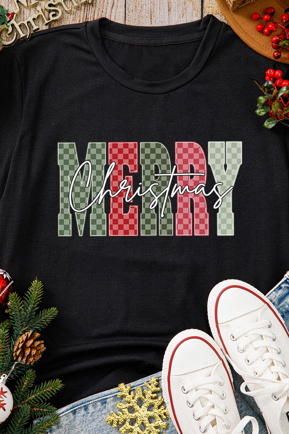 Black Plaid Checkered MERRY Christmas Graphic Crew Neck Tee - loveforevers