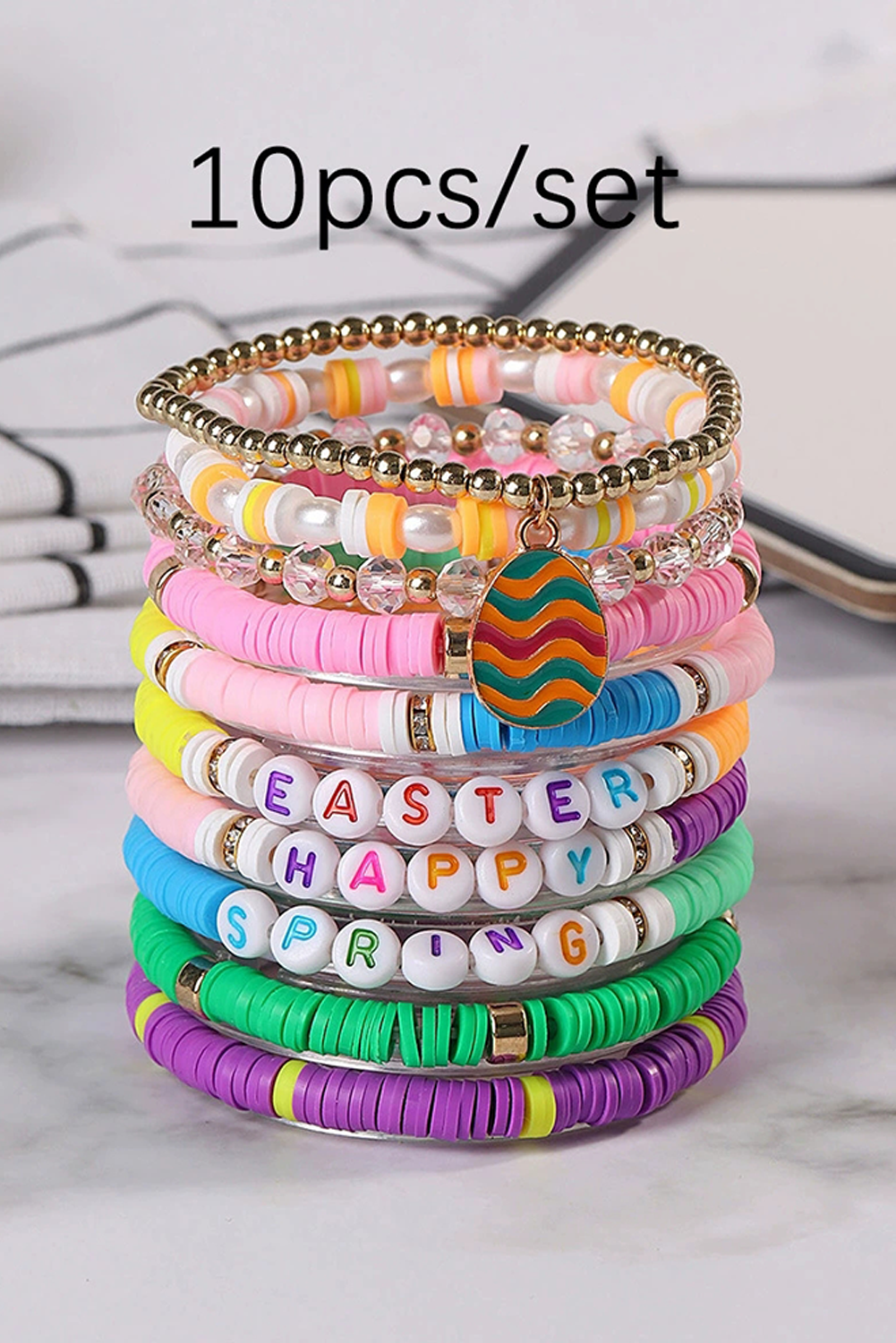 Gold Happy Easter Polymer Clay Beaded Bracelet - loveforevers
