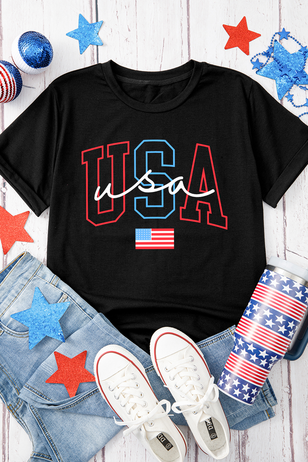 Black USA Letter American Flag Print Casual T Shirt - loveforevers