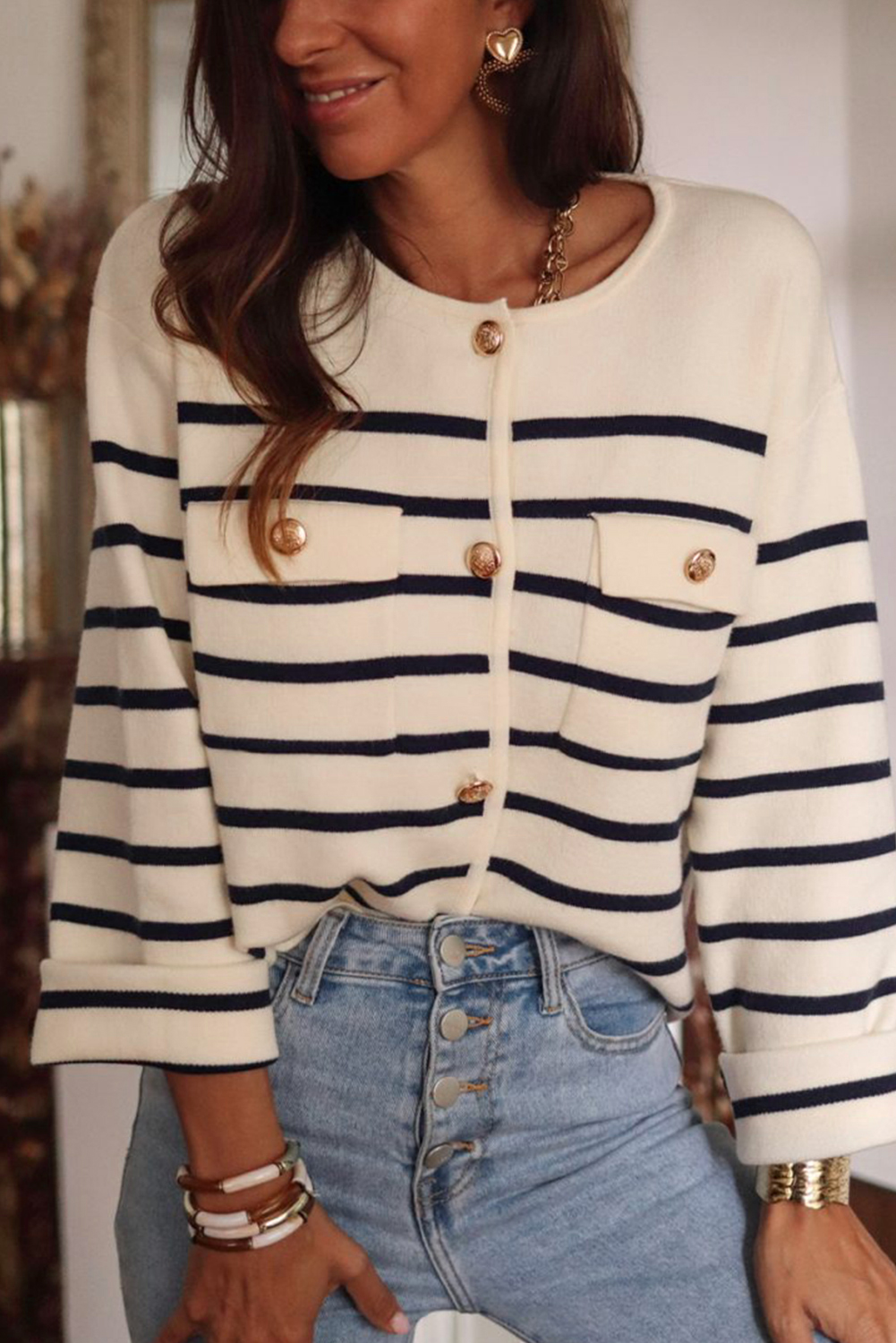 Black Stripe Flap Pocket Buttoned Cardigan Sweater - loveforevers