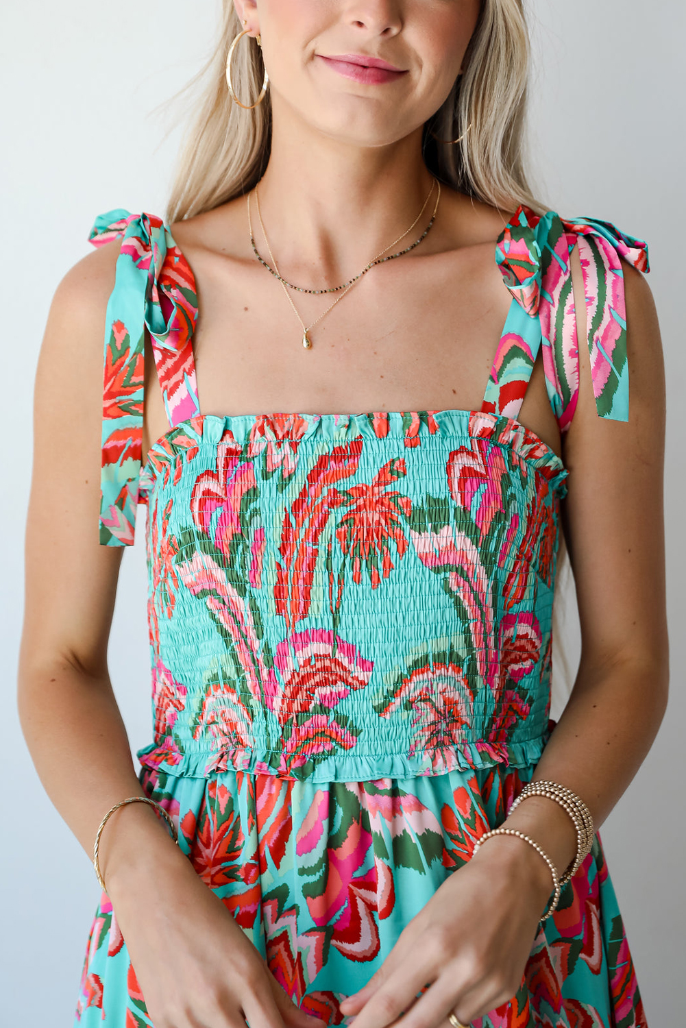 Green Abstract Print Smocked Bodice Knotted Straps Ruffled Maxi Dress - loveforevers