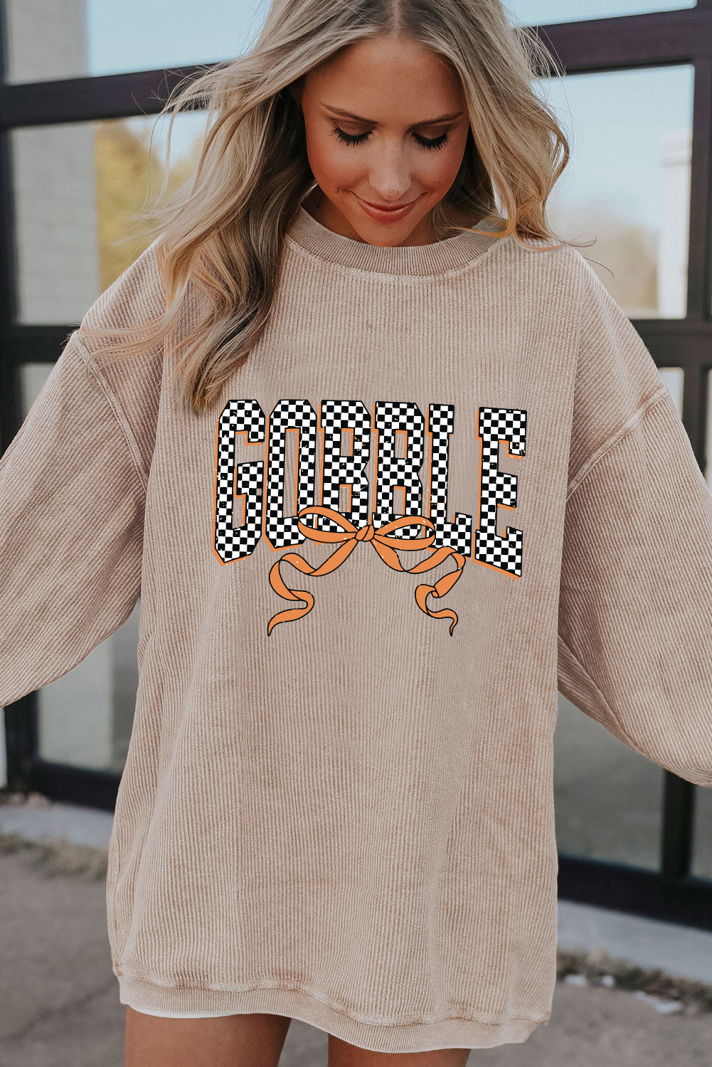 Apricot Twisted Ribbed Texture Checkered GOBBLE Bow Print Baggy Sweatshirt - loveforevers