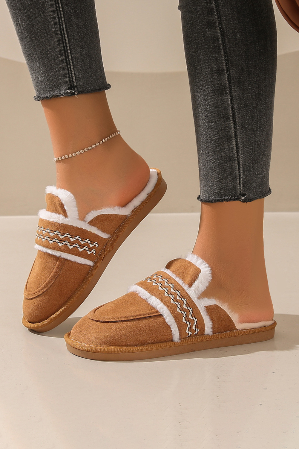 Chestnut Suede Wavy Striped Plush Lined Slippers (Run Small, Size Up) - loveforevers