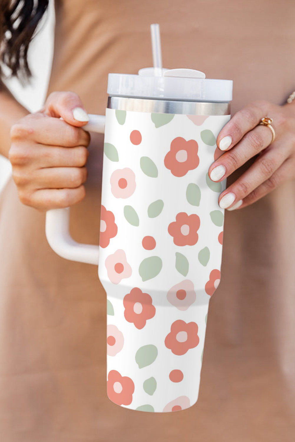 White Floral Leaves Print Stainless Large Portable Cup 40oz - loveforevers