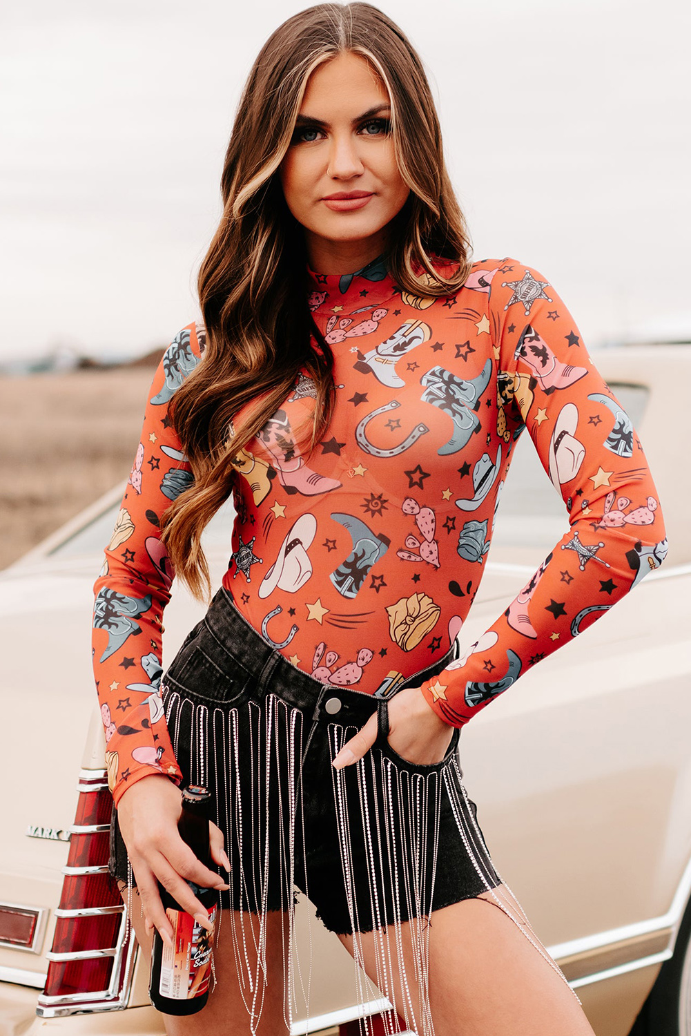 White Rodeo Bound Printed Long Sleeve Bodysuit - loveforevers