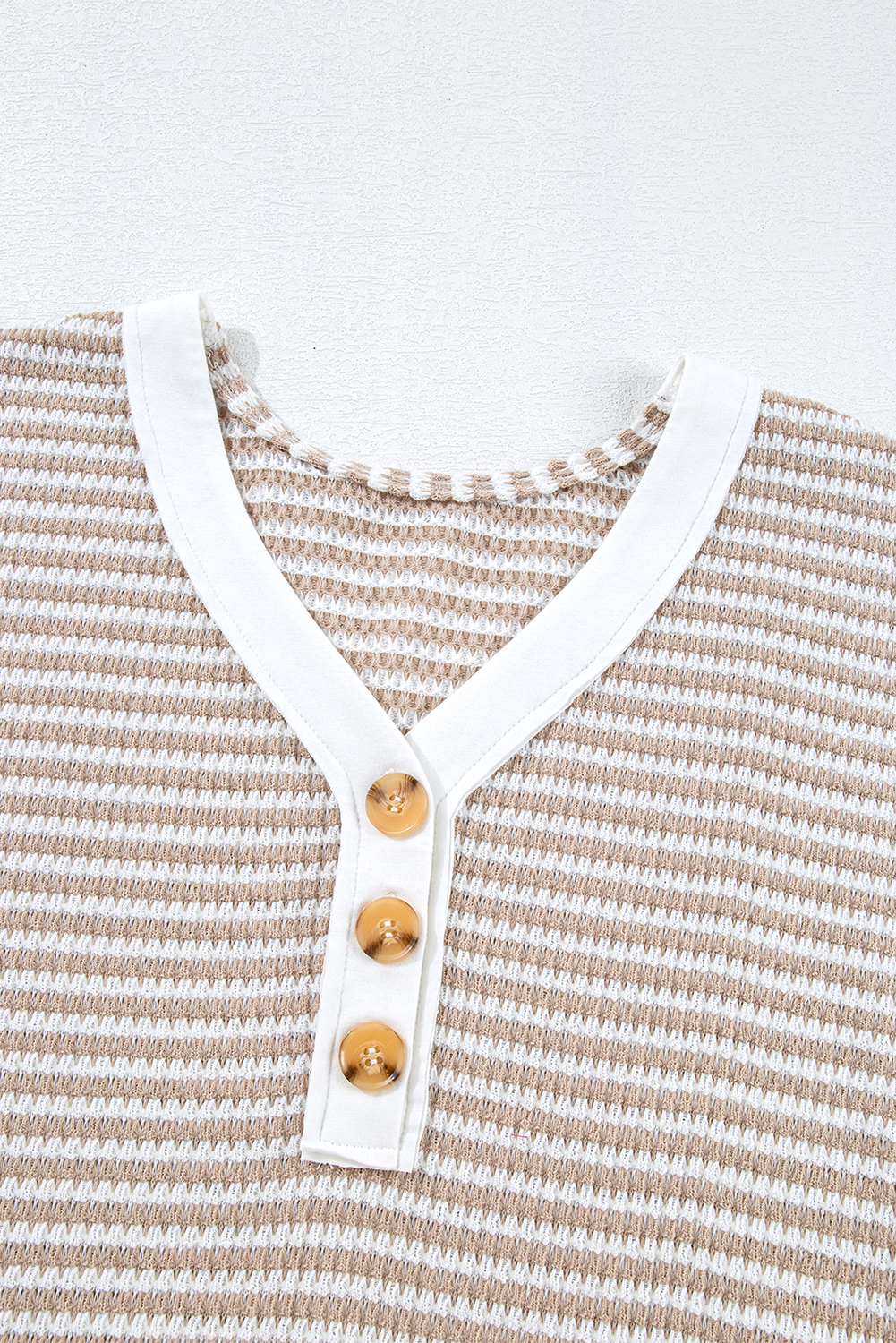 Khaki Stripe Buttoned Front V Neck Knitted T Shirt - loveforevers